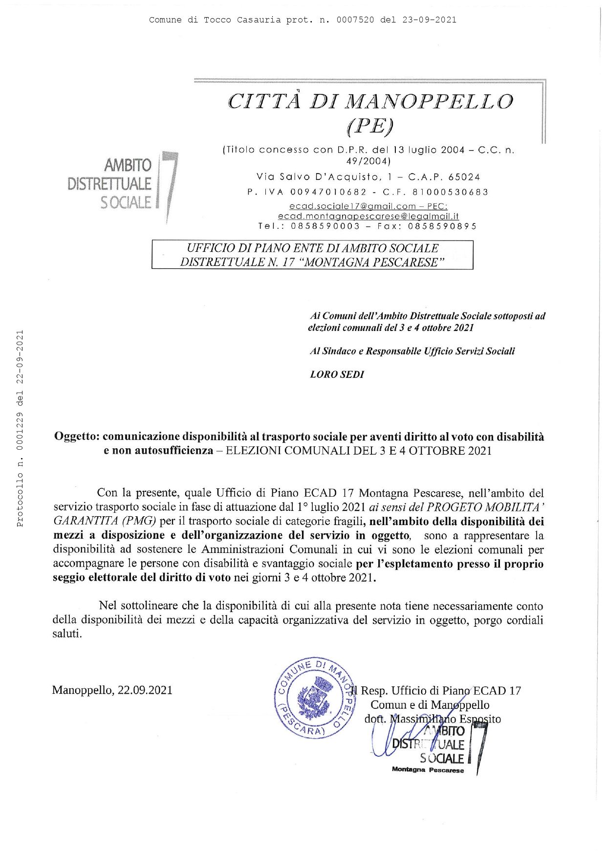 ELEZIONI COMUNALI DEL 3 E 4 OTTOBRE 2021 - COMUNICAZIONE DISPONIBILITA' AL TRASPORTO SOCIALE PER AVENTI DIRITTO AL VOTO CON DISABILITA' E NON AUTOSUFFICIENZA